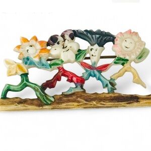 Antique Plastic Smiling Anthropomorphic Sunflowers on Log Brooch Pin